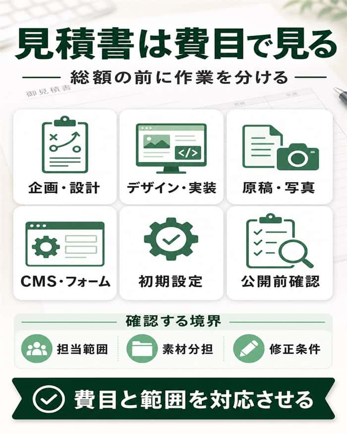 ホームページ初期制作費を六つの費目と確認境界で分ける図解