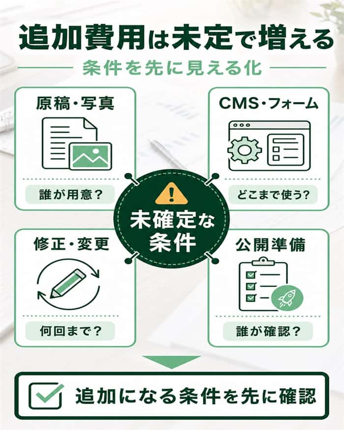 追加費用になりやすい未確定条件を四項目で示す図解