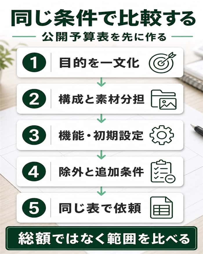 同じ条件で見積もり比較する公開予算表の作成手順図解