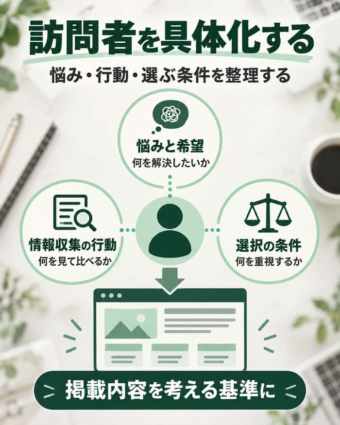 訪問者の悩みと希望、情報収集の行動、選択の条件を整理し、サイトの掲載内容へ結び付ける。