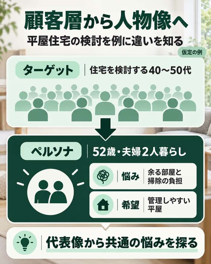 平屋住宅の仮定例で、40〜50代の顧客層と、夫婦2人で暮らす代表的な人物像の違いを示す。