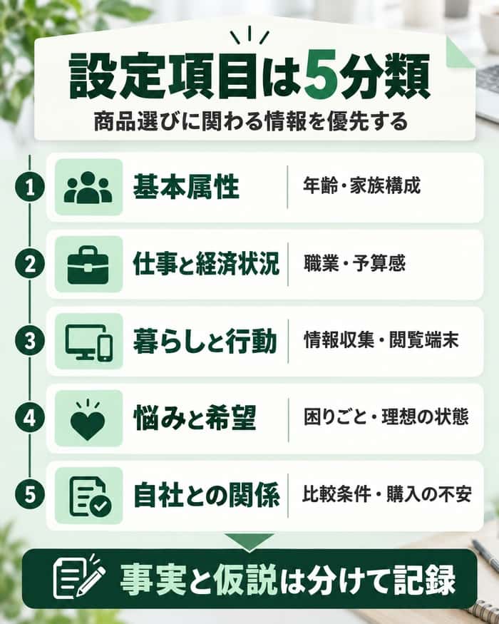 ペルソナの設定項目を基本属性、仕事と経済状況、暮らしと行動、悩みと希望、自社との関係に分ける。