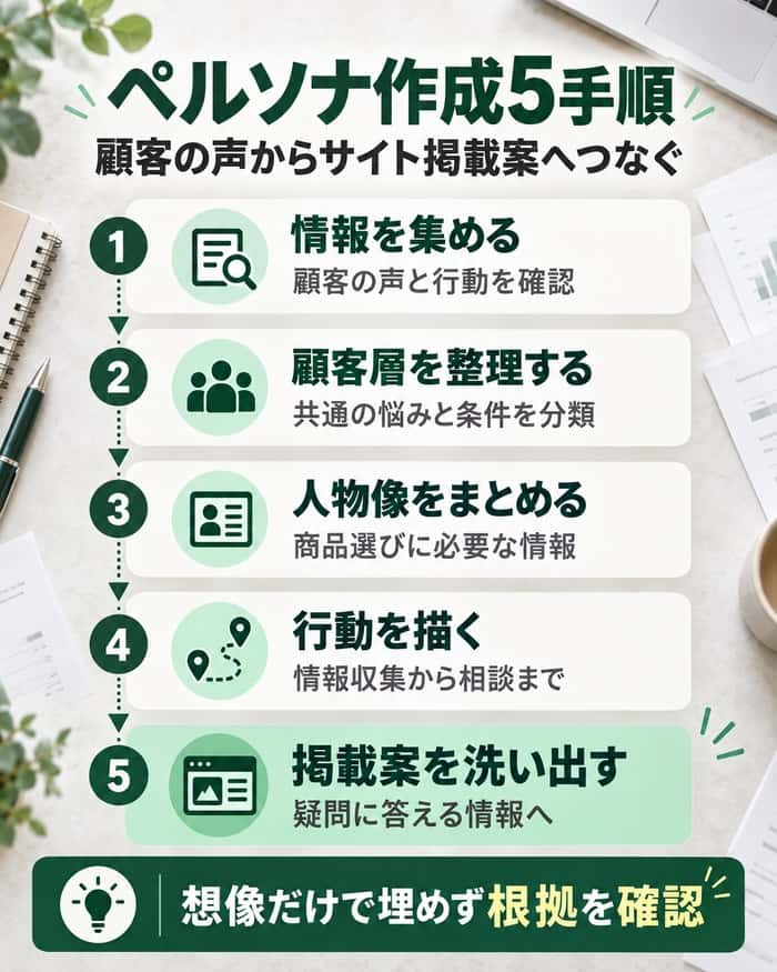 顧客情報の収集から顧客層の整理、人物像と行動の具体化、サイト掲載案の検討までの5手順を示す。