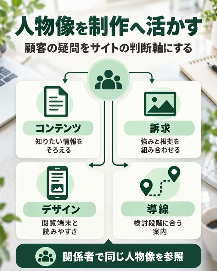 顧客像をコンテンツ、訴求、デザイン、導線の判断に活かし、制作関係者で共有する。