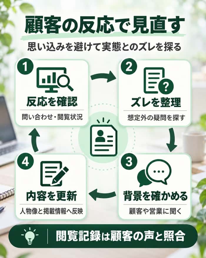 問い合わせや閲覧状況から想定とのズレを探し、背景を確かめて人物像と掲載情報を更新する。