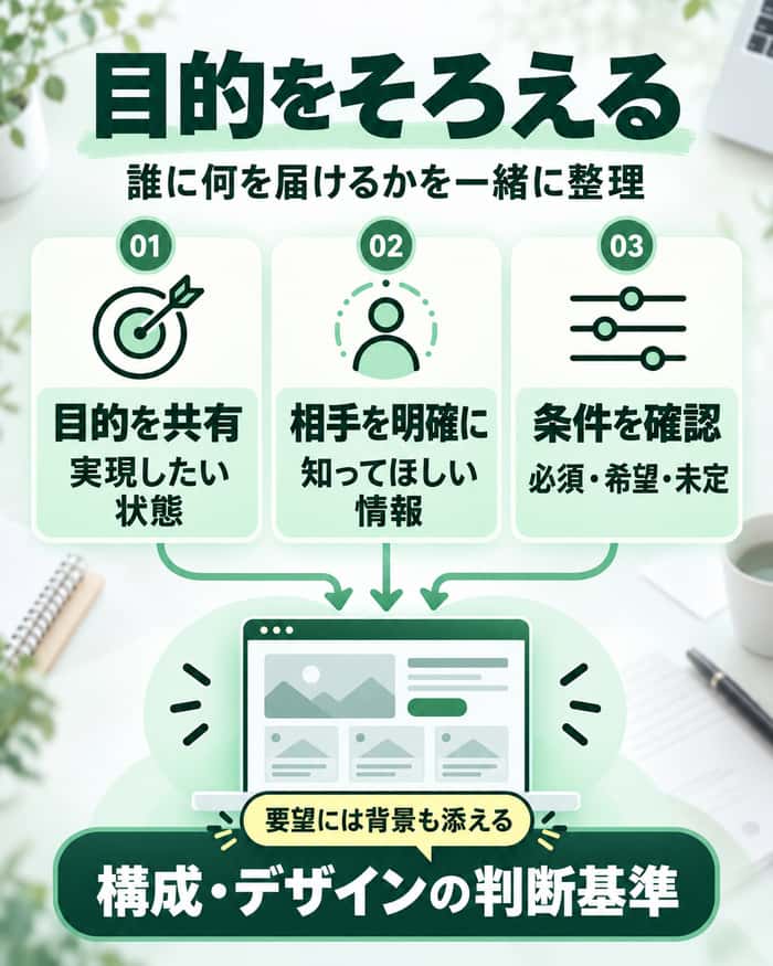ホームページ制作の目的、届けたい相手、条件を共有し、構成やデザインの判断基準につなげる流れ。