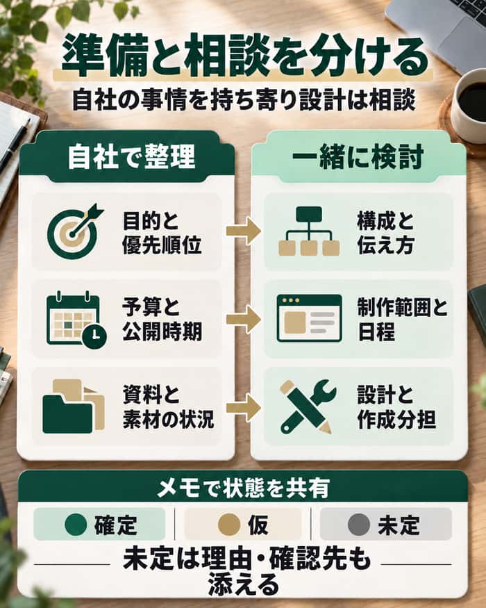 依頼前に自社で整理する情報と、制作会社と検討する内容を分け、確定・仮・未定を共有する方法。