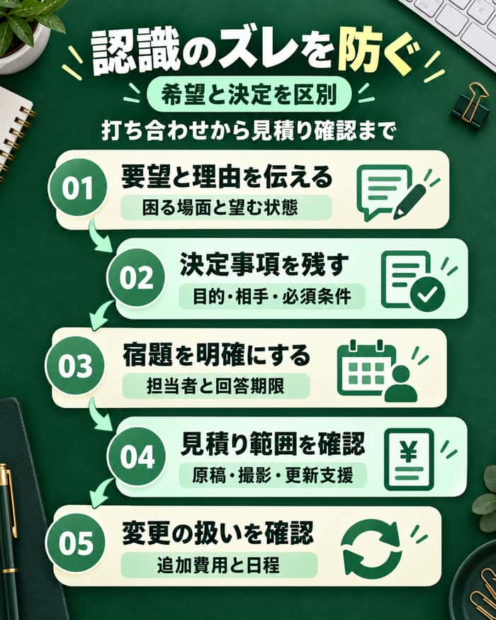 要望の理由を伝え、決定事項と宿題、見積りの範囲、変更時の費用と日程を確認する五つの流れ。
