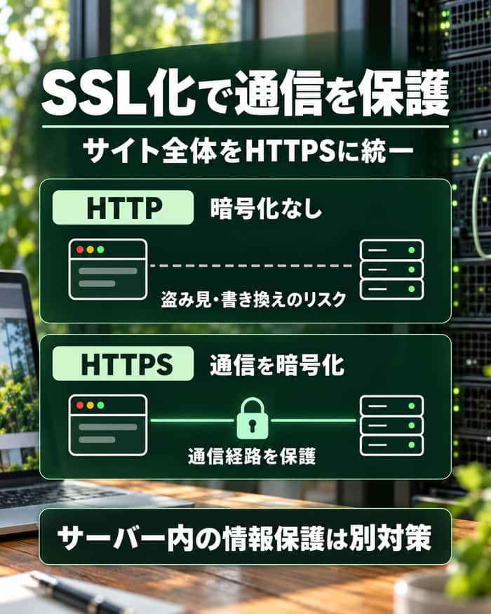 HTTPとHTTPSの通信経路を比較し、SSL化で守れる範囲と別途必要な情報保護を示す。
