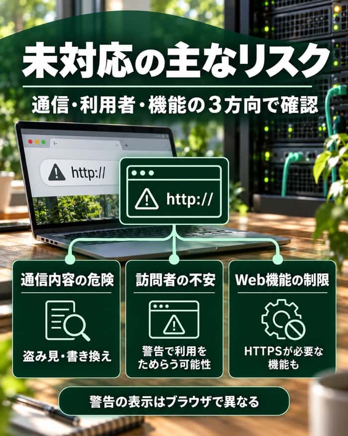 SSL化しない企業サイトに生じる盗み見、改ざん、利用者の不安や機能制限を整理する。