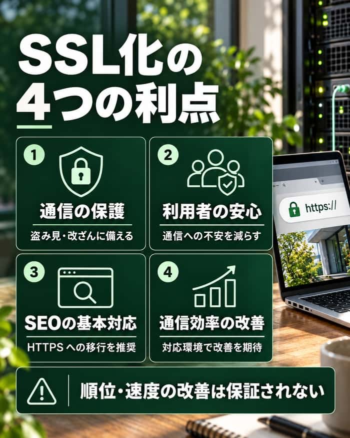 SSL化の四つのメリットと、検索順位や表示速度の改善を保証しない点を示す。
