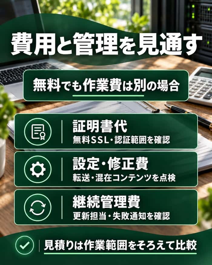 SSL化にかかる証明書代、設定作業、継続管理の負担と確認事項を整理する。
