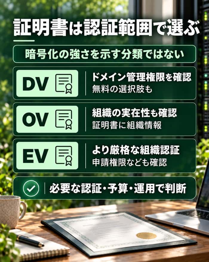 DV・OV・EV証明書の認証範囲を比較し、暗号化の強さを示す分類ではないと伝える。