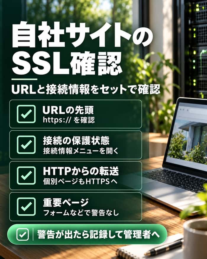 URL、接続情報、転送、重要ページから自社サイトのSSL対応状況を確認する。