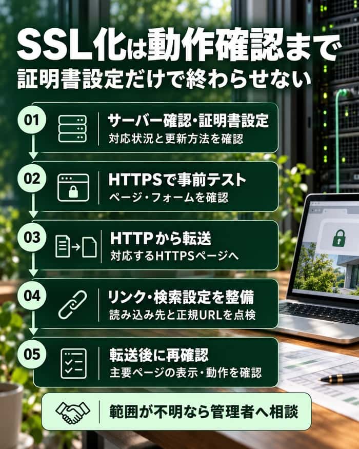 サーバー確認から証明書設定、転送、検索設定、動作確認までのSSL導入手順を示す。