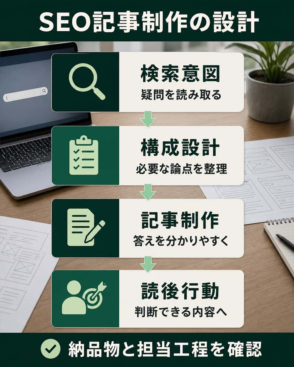 検索意図から構成設計、記事制作、読後行動へ進むSEO記事制作の流れ