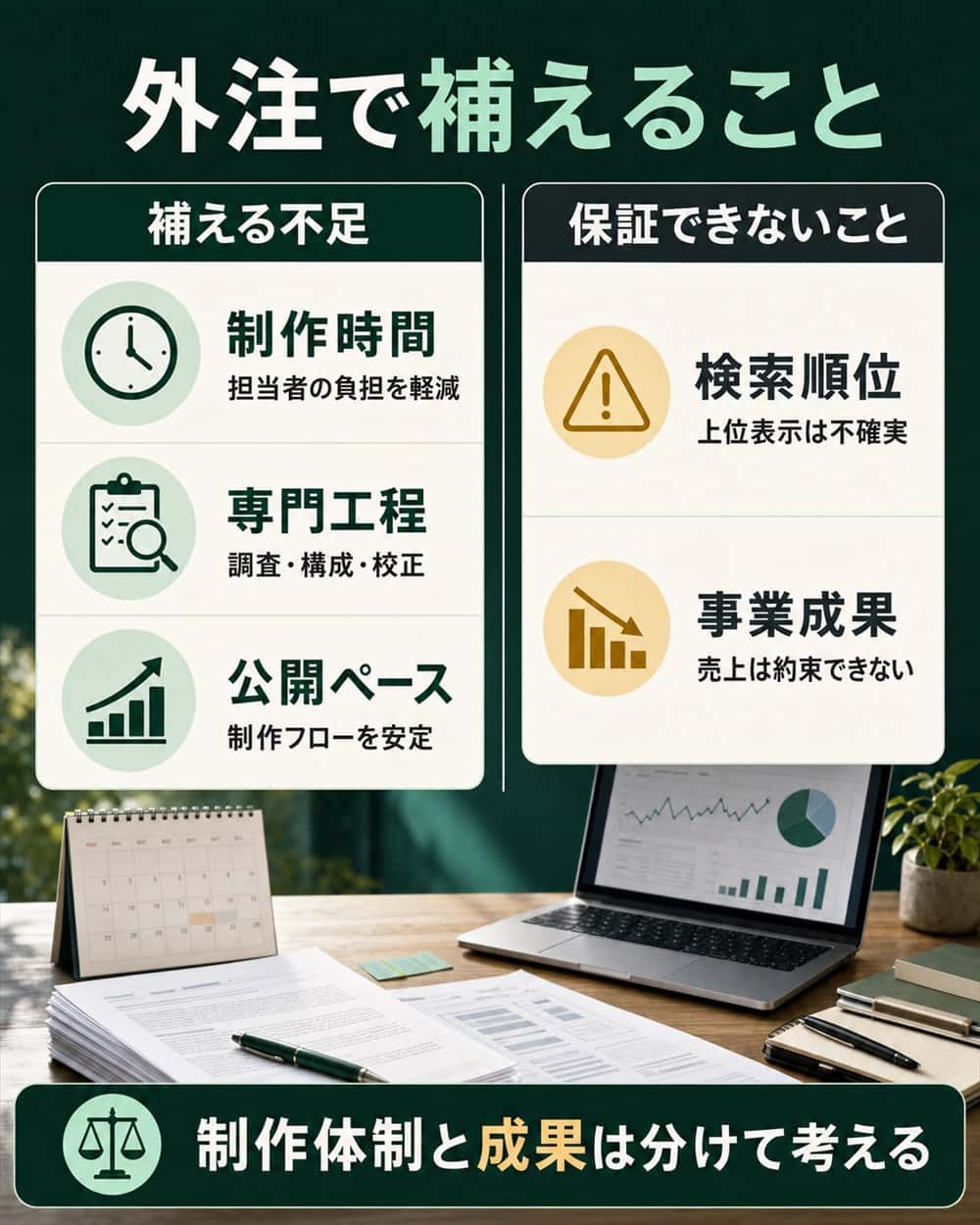 外注で補える制作時間・専門工程と、保証できない検索順位・事業成果の対比