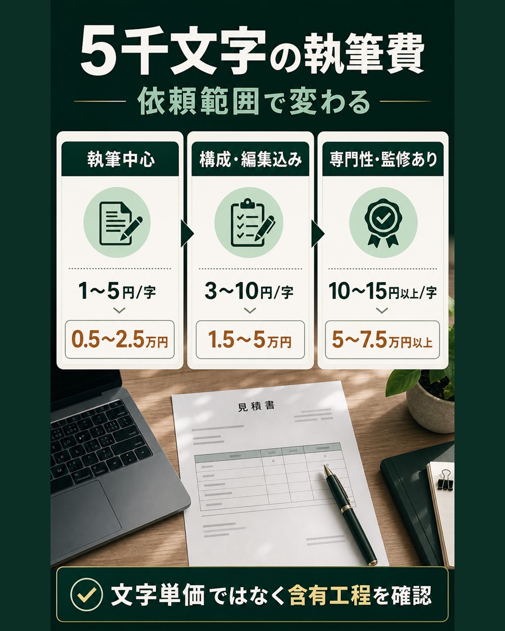 SEO記事五千文字の執筆費を依頼範囲別の文字単価と総額で示す図解