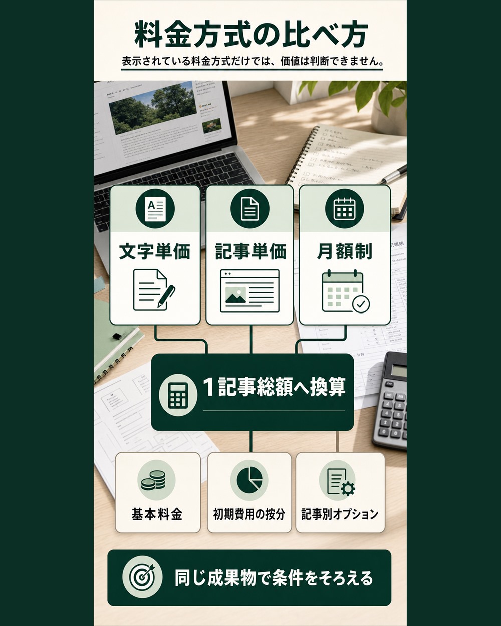 文字単価・記事単価・月額制を一記事総額に換算する比較図