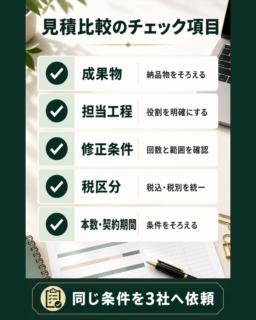 SEO記事作成代行の見積比較でそろえる五つの確認項目を示す図解