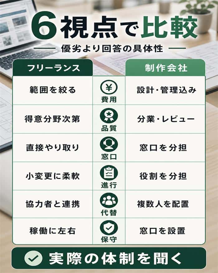 制作会社とフリーランスを費用・品質・窓口など6視点で比較する図解