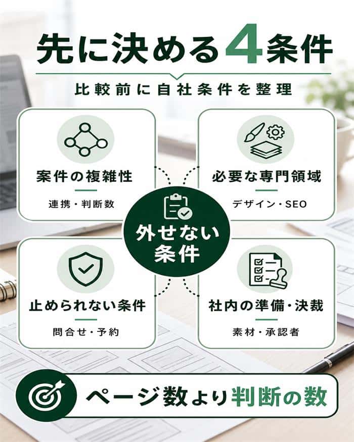 依頼先比較前に整理する案件の複雑性・専門領域・社内体制の4条件