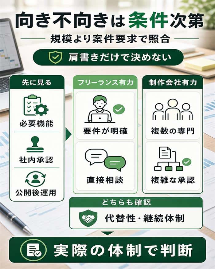 案件条件別にフリーランスと制作会社の向き不向きを判断する図解