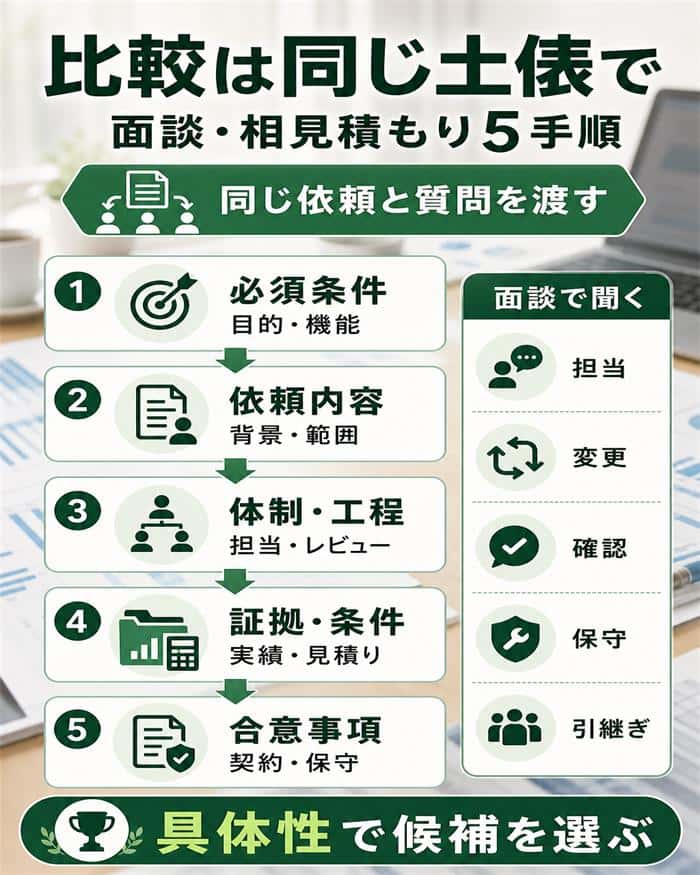面談と相見積もりで発注先を同条件で比較する5つの手順図解