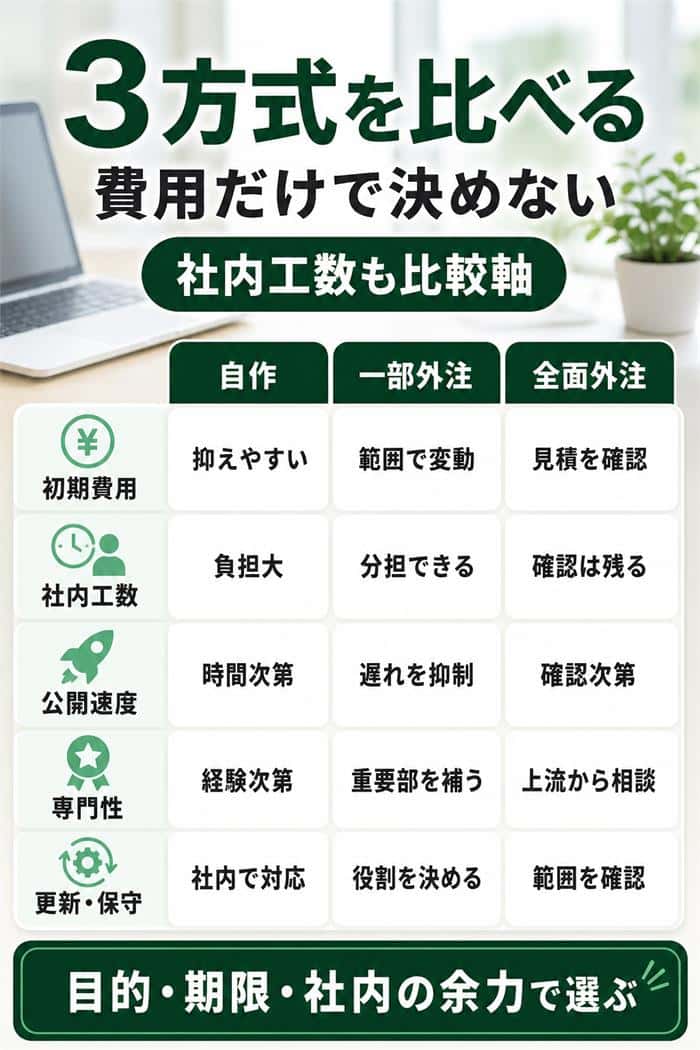 自作・一部外注・全面外注を5軸で比較する表