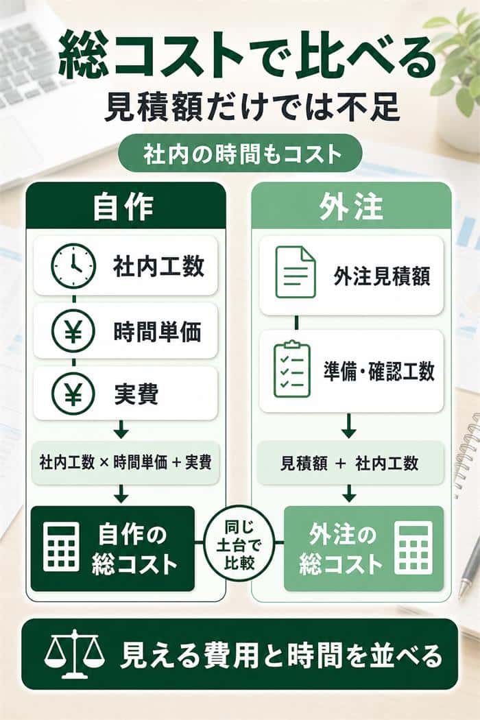 自作と外注の総コストに社内工数を含める図