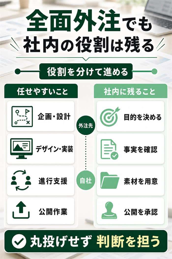 全面外注でも社内に残る判断と確認を示す対比図