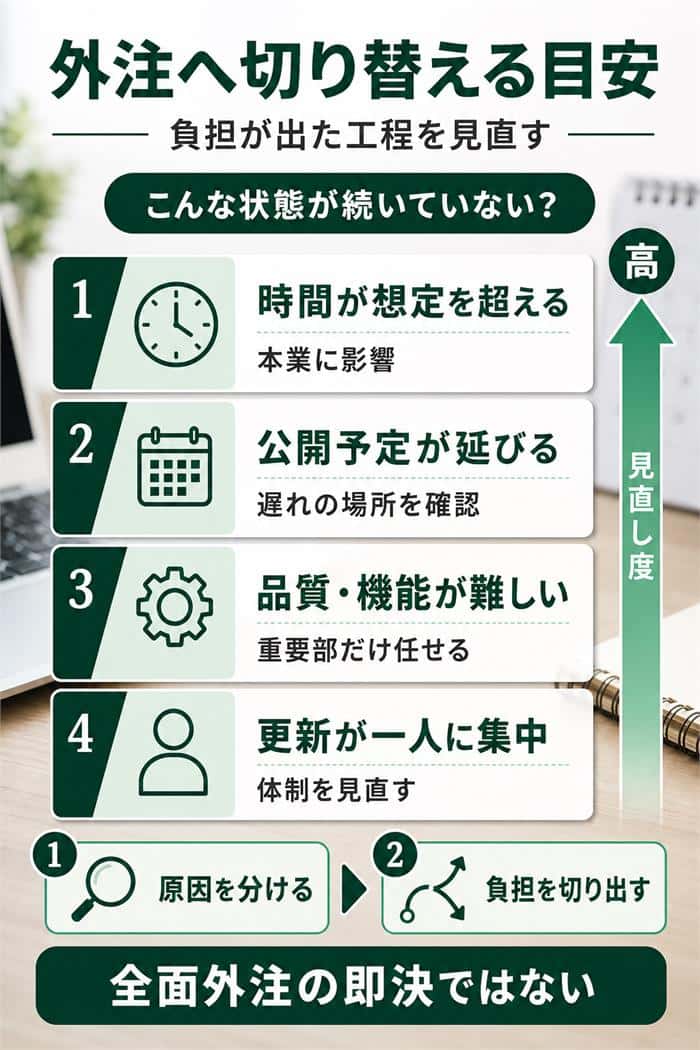 自作から外注への切替を検討する四つの兆候図