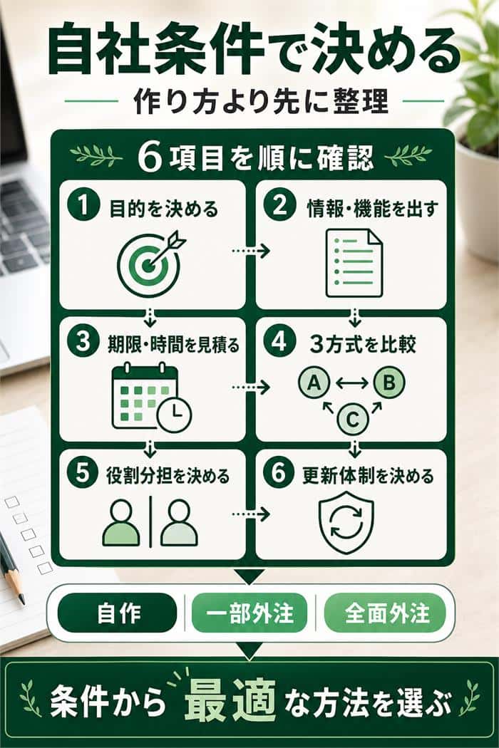自社条件から制作方法を選ぶ六項目の確認フロー