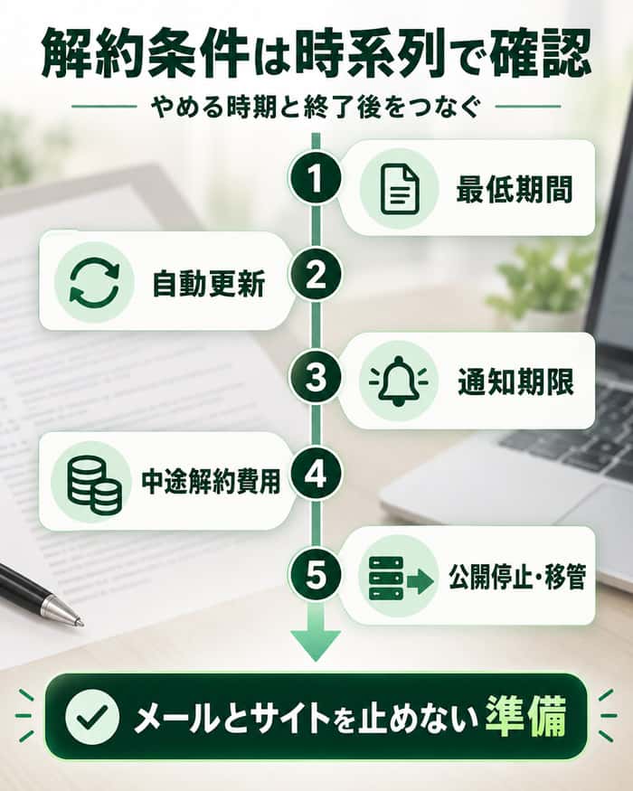契約の最低期間から公開停止・移管まで解約条件を時系列で示した流れ