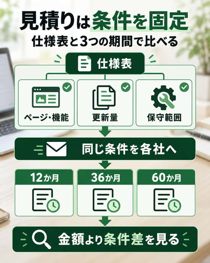 仕様表で条件をそろえ12・36・60か月の見積りを比べる手順