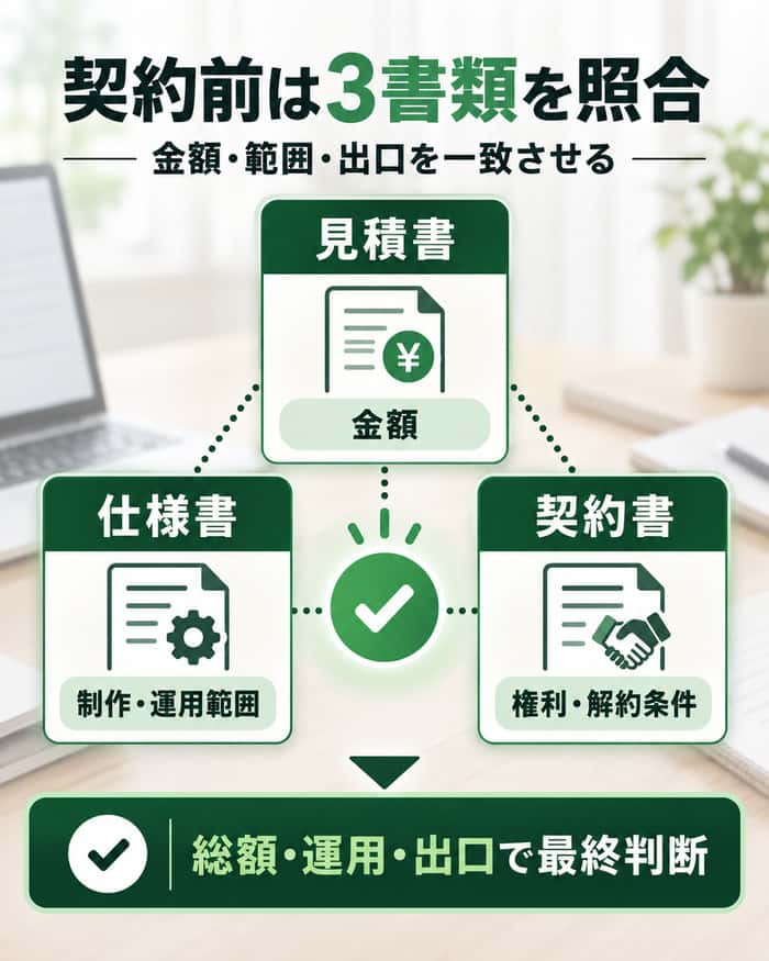 見積書・仕様書・契約書を照合し総額・運用・出口で判断する確認図